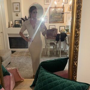 Caroline Constas Cream Ribbed Polo Maxi Dress